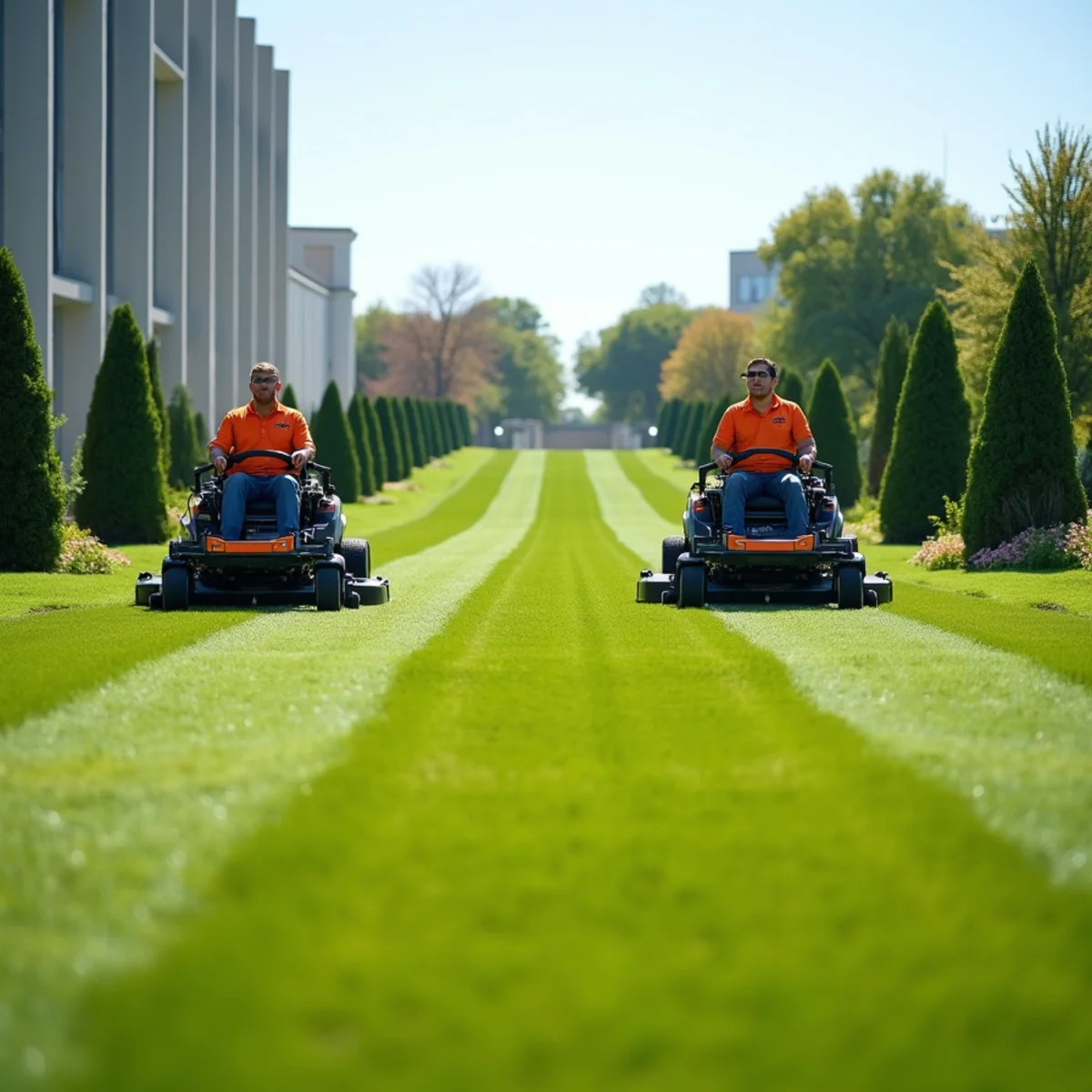 Commercial lawn maintenance crew mowing corporate office park grounds in Wichita KS