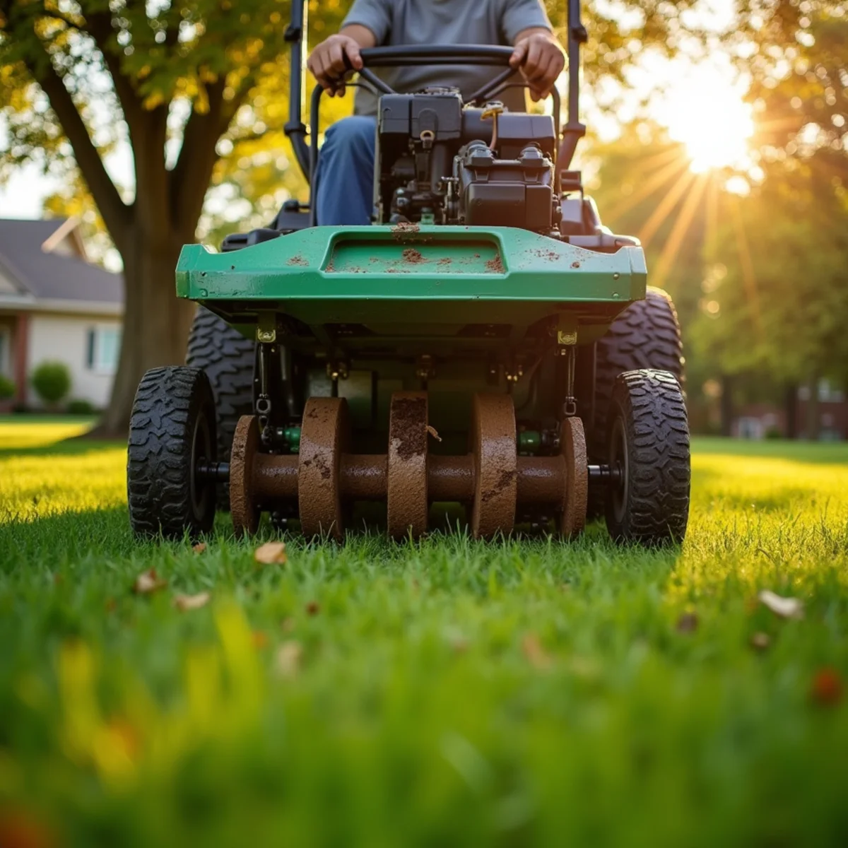 Mechanical core aerator pulling deep soil plugs on a residential Wichita lawn