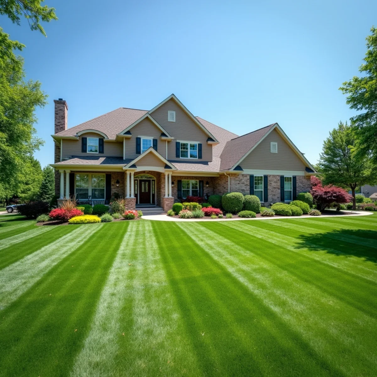 Beautiful manicured front lawn of Wichita suburban home with green turf and tidy flowerbeds