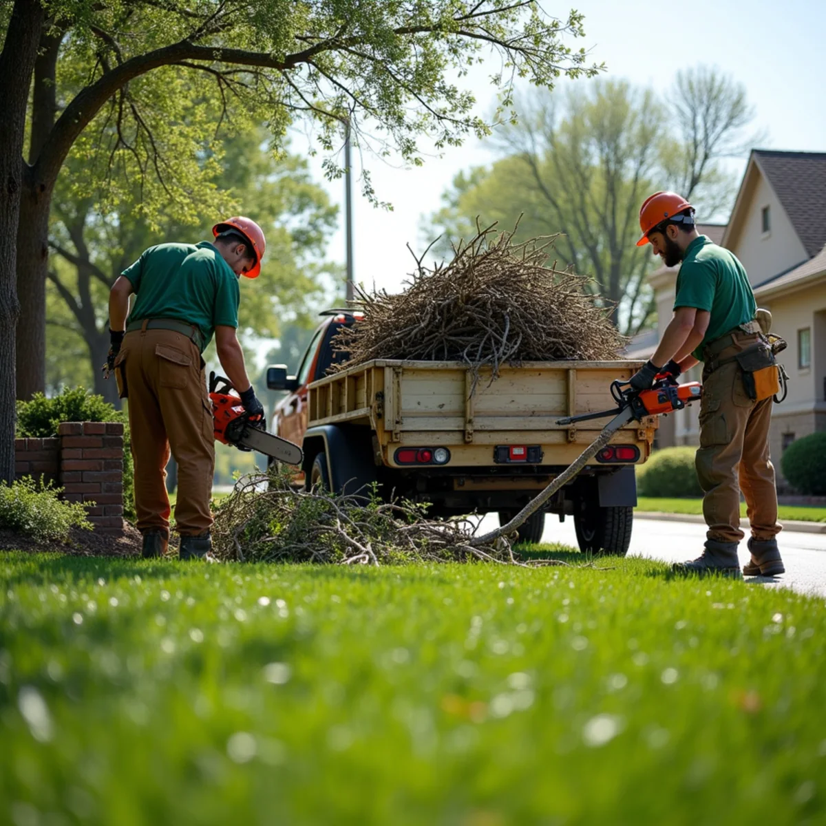 Lawn care crew cutting and hauling storm debris and tree limbs from Wichita lawn